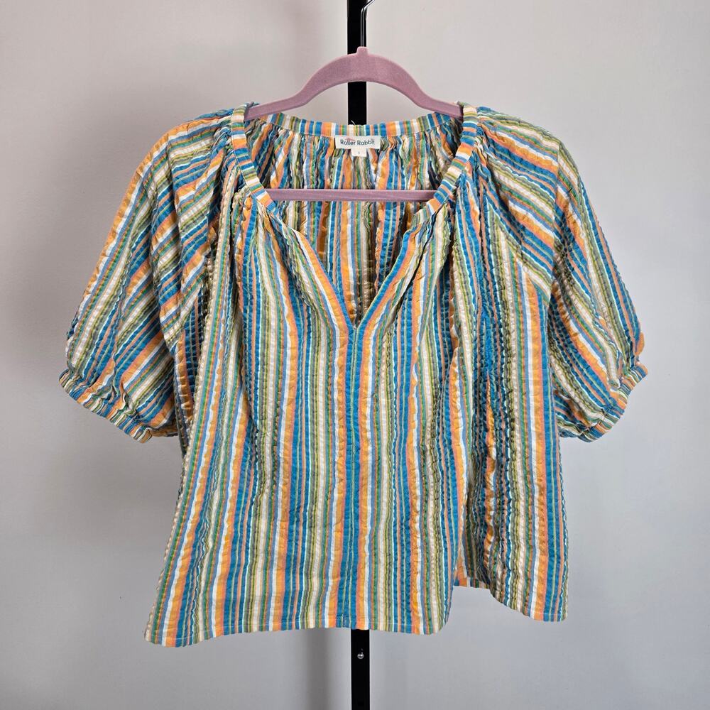 Roller Rabbit Puff Sleeve Poplin Cotton Striped Crop Flowy Top‎ Blouse Small
